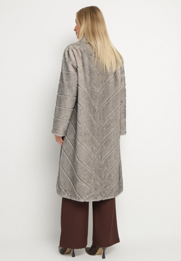 Beżowy Długi Płaszcz Futerko z Ozdobnymi Przeszyciami i Stójką Zenima