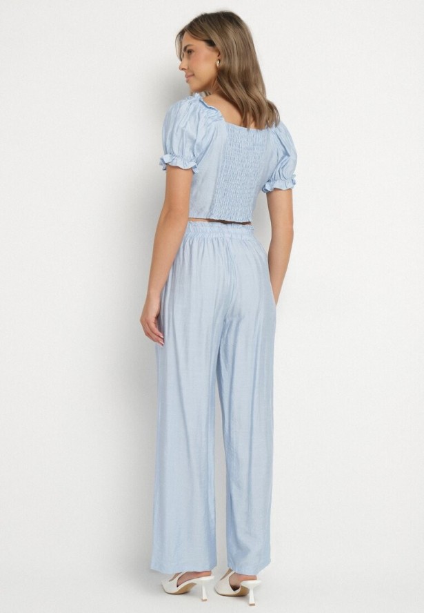 Jasnoniebieski Wiskozowy Komplet Spodnie o Szerokim Kroju i Top Heltebia