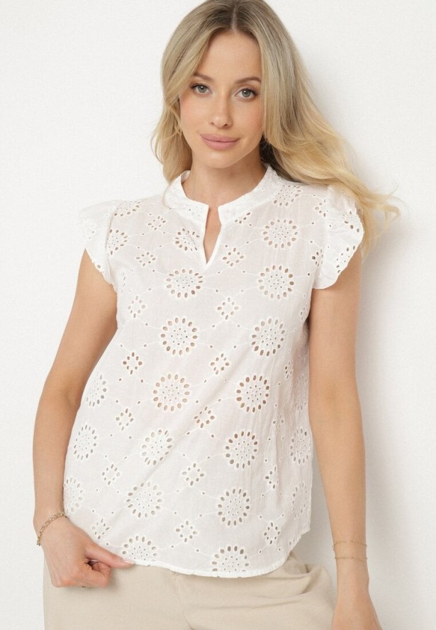 Biała Ażurowa Bluzka z Bawełny z Falbankami Emzekia
