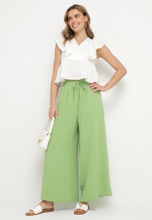 Jasnozielone Szerokie Spodnie Typu Palazzo z Wiązaniem Ulialitia