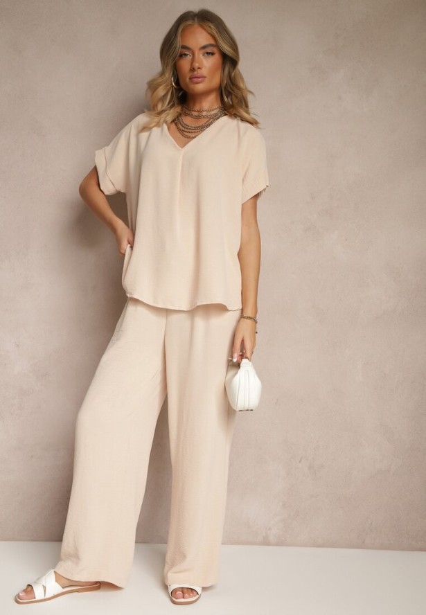 Jasnobeżowy Komplet Bluzka i Luźne Spodnie z Wiskozą i Kieszonkami Efraria
