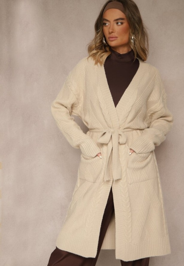 Beżowy Tłoczony Kardigan z Wełną o Kroju Bez Zapięć z Paskiem Dorrive