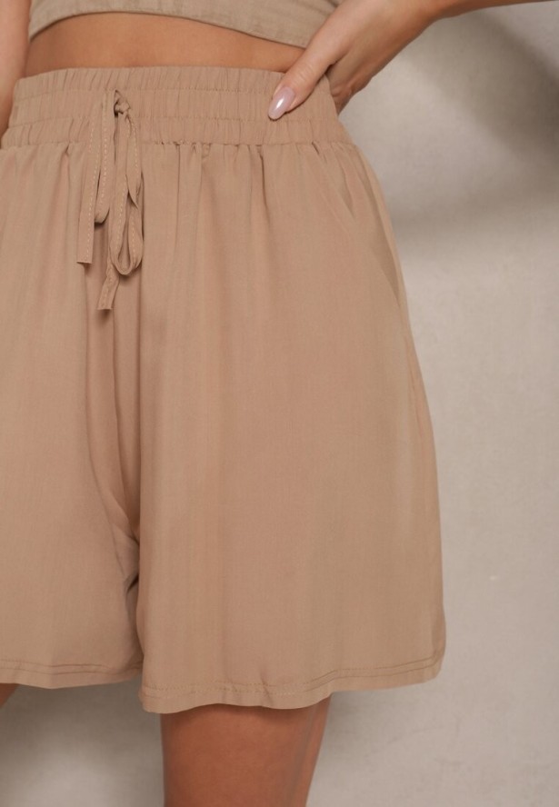 Beżowe Szorty z Bawełny High Waist Ozdobione Wiązaniem Selmio