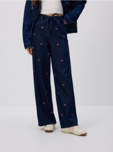 Jeansy wide leg z haftem - granatowy