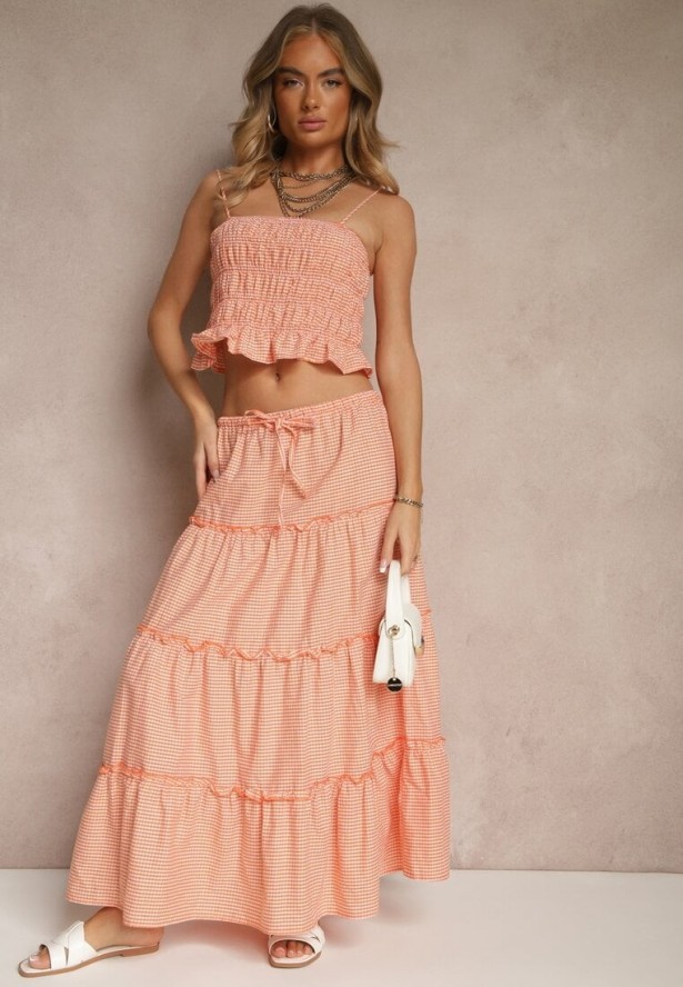 Pomarańczowy Komplet z Bawełny w Kratkę Vichy Top i Spódnica z Falbankami Frosirae