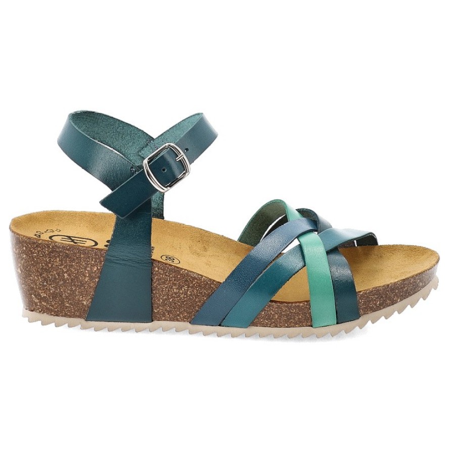 Sandały damskie HEE, na koturnie skórzane licowe na sprzączkę, niebieskie, 25001