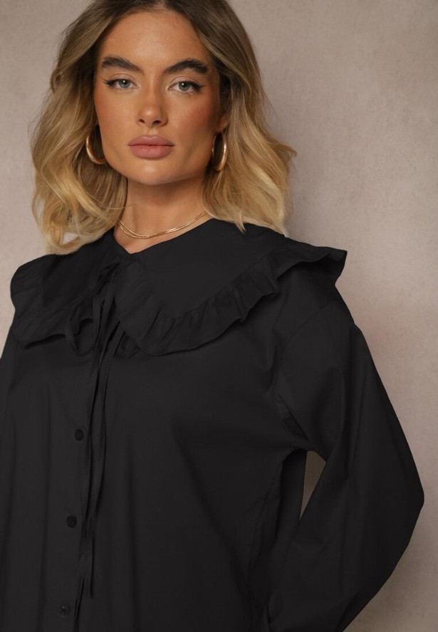 Czarna Koszula z Bawełny w Stylu Retro z Wiązaniem i Kołnierzykiem z Falbankami Firsela