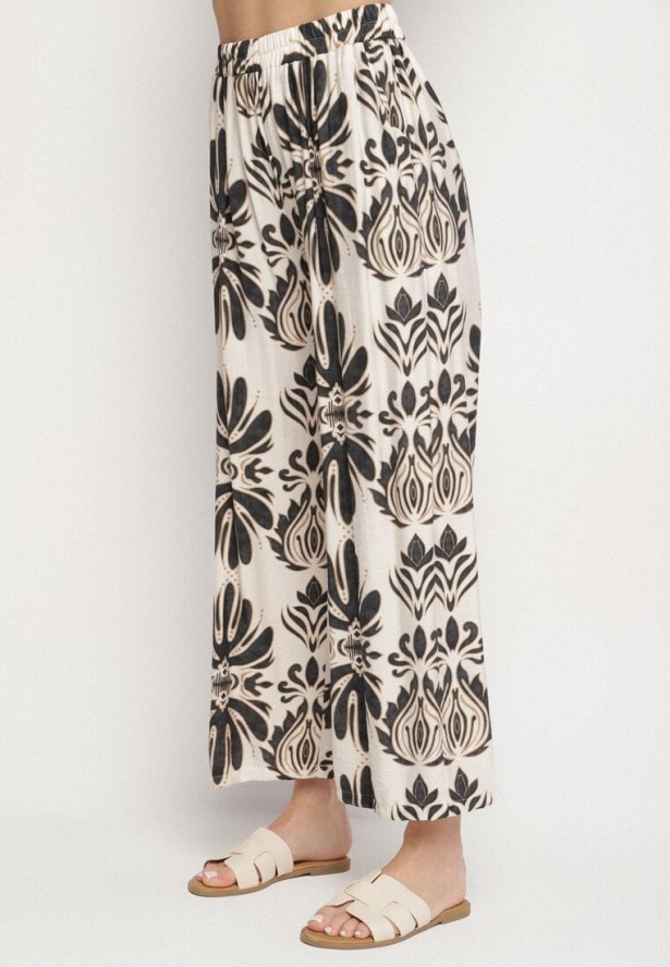 Czarno-Beżowy Komplet z Wiskozą w Etniczny Wzór Długa Koszula i Szerokie Spodnie Rindira