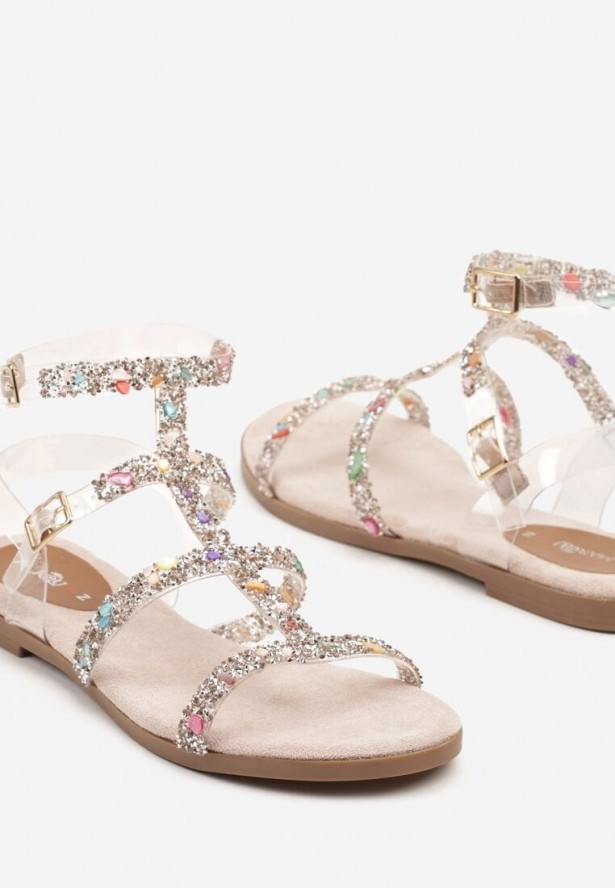 Beżowe Sandały Rzymianki Ozdobione Cyrkoniami Lovianne