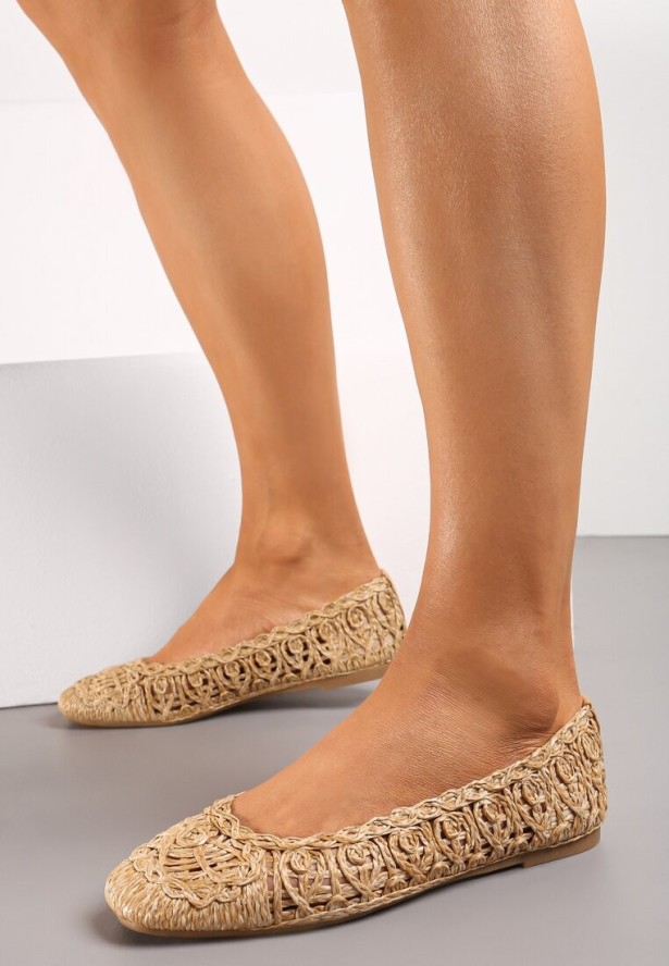 Ciemnobeżowe Plecione Balerinki z Kwadratowym Noskiem Liresan