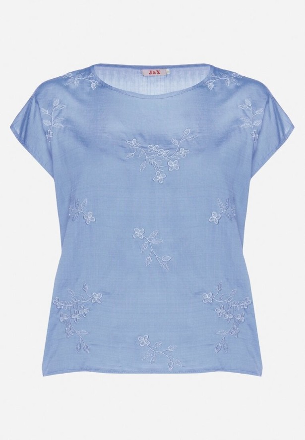 Niebieska Bluzka z Haftem i Sznurkiem Przy Dekolcie Mepaya