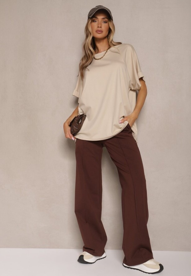 Beżowy T-shirt z Wiskozą o Fasonie Nietoperza Tanalitha