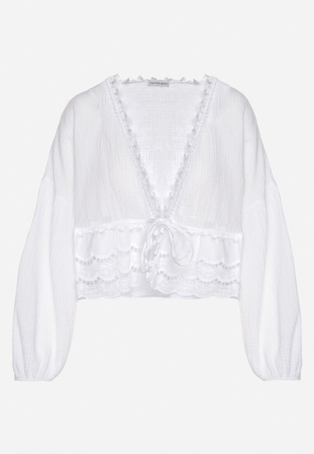 Biała Bawełniana Bluzka z Ażurowymi Zdobieniami i Wiązaniem Galondra