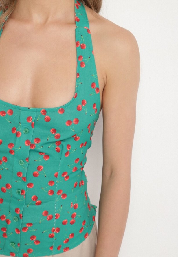 Zielona Bluzka z Odkrytymi Plecami i Wiązaniem Zdobiona Guzikami Tolanesse