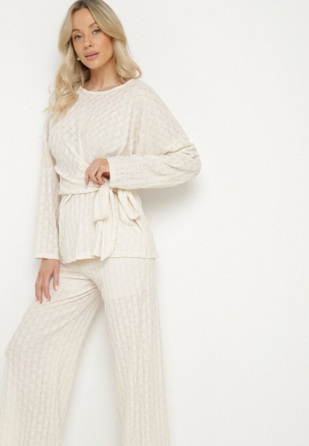 Beżowy Komplet Szerokie Spodnie i Bluzka z Ozdobnym Wiązaniem Cilinne