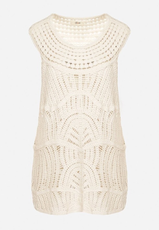 Beżowa Bawełniana Bluzka Oversize z Ażurowej Tkaniny Banirra