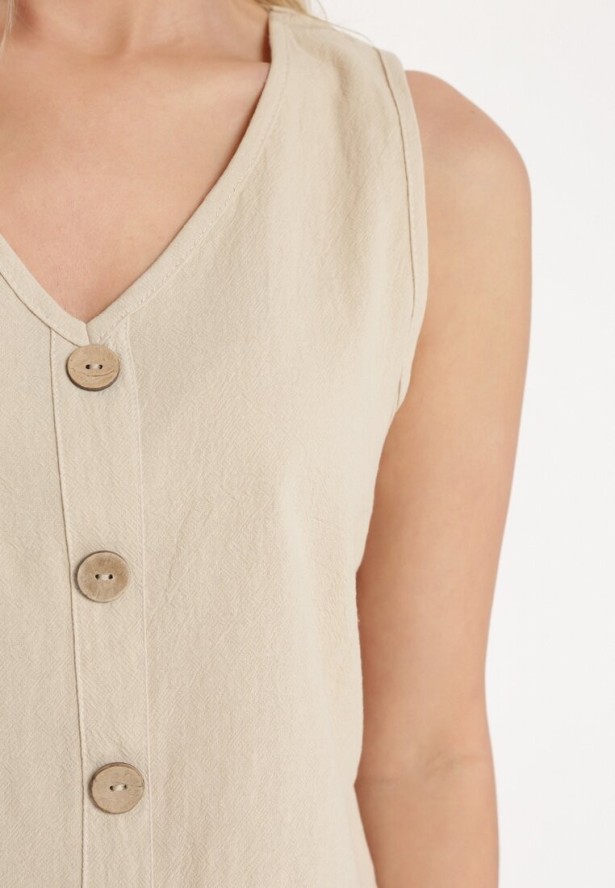 Jasnobeżowy Komplet Bawełniany Koszulka bez Rękawów z Guzikami Spodnie z Gumką w Pasie Juliancella