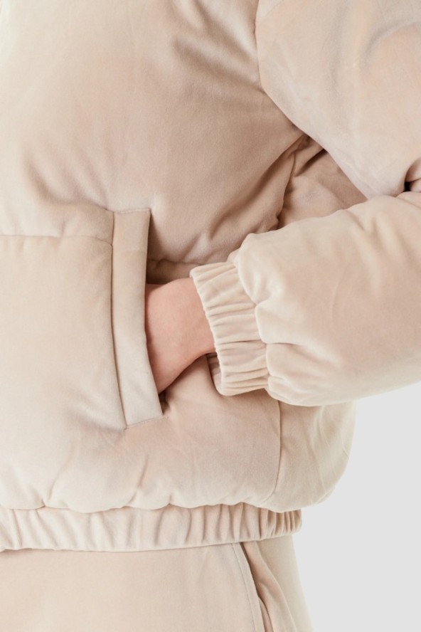 GUESS Beżowa zamszowa damska kurtka Couture Puffer, Rozmiar L