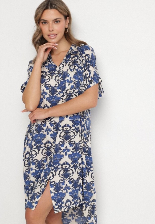 Granatowa Pudełkowa Sukienka Koszulowa z Wiskozy w Ornamentalny Print Vanisse