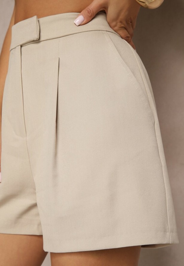 Beżowe Szorty High Waist z Wiskozą o Garniturowym Kroju z Zakładkami Zavierisa