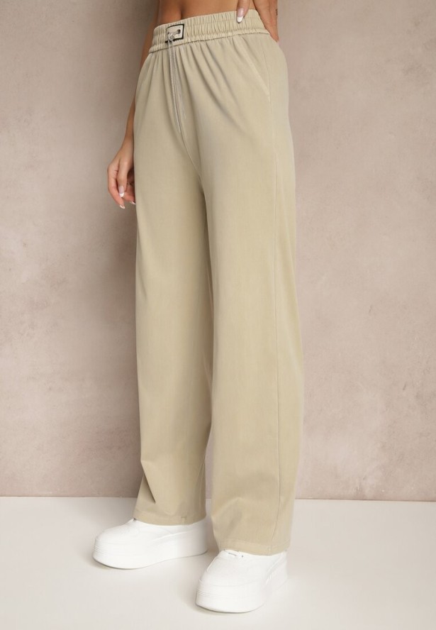 Beżowe Spodnie z Wiskozą High Waist z Ozdobną Aplikacją Frovanna