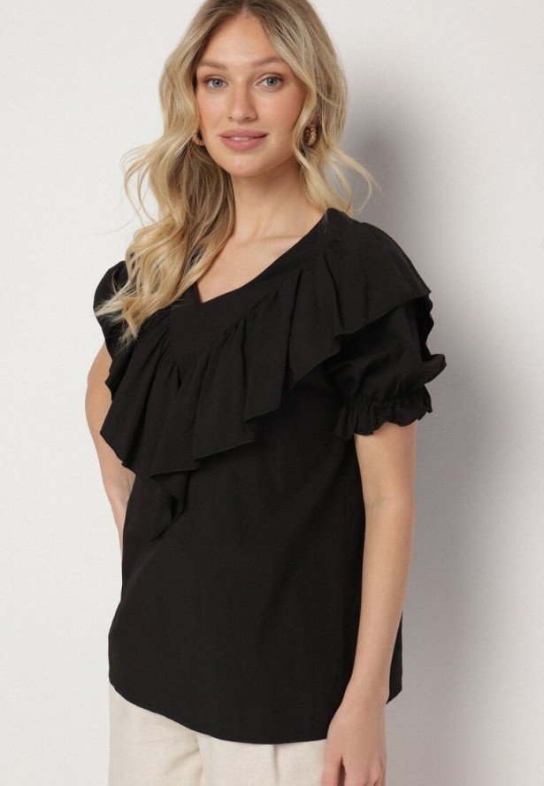 Czarna Bluzka z Wiskozą i Falbankami Fadevia