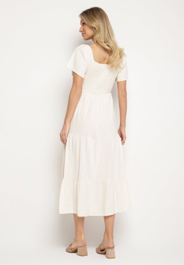Jasnobeżowa Sukienka z Wiskozą Lnem i Elastyczną Górą Ellisena