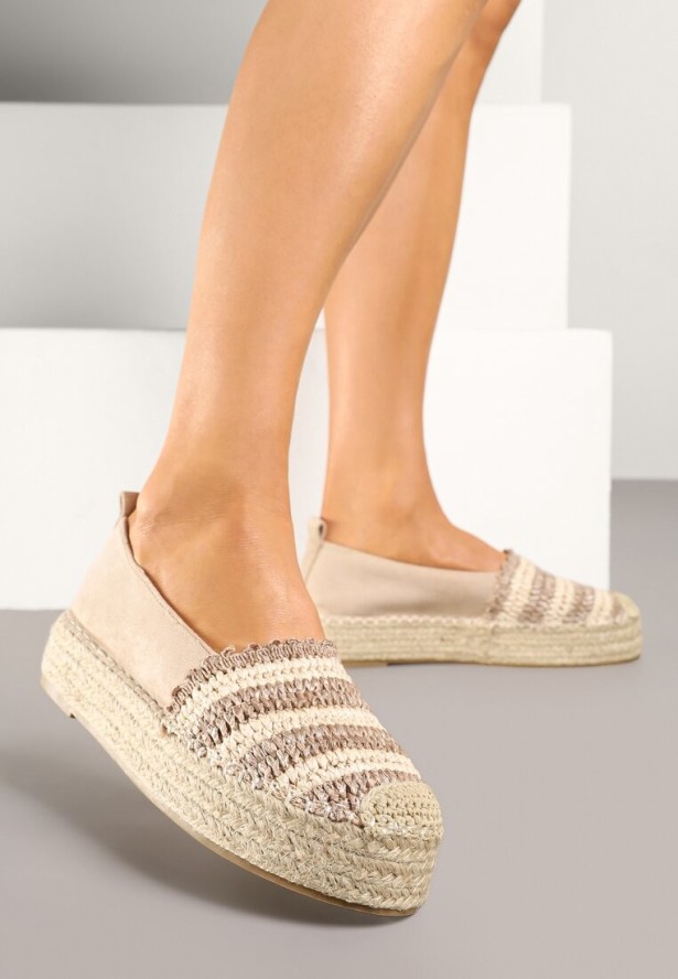 Ciemnobeżowe Espadryle na Platformie Ozdobione Plecionką w Stylu Boho Lelisse