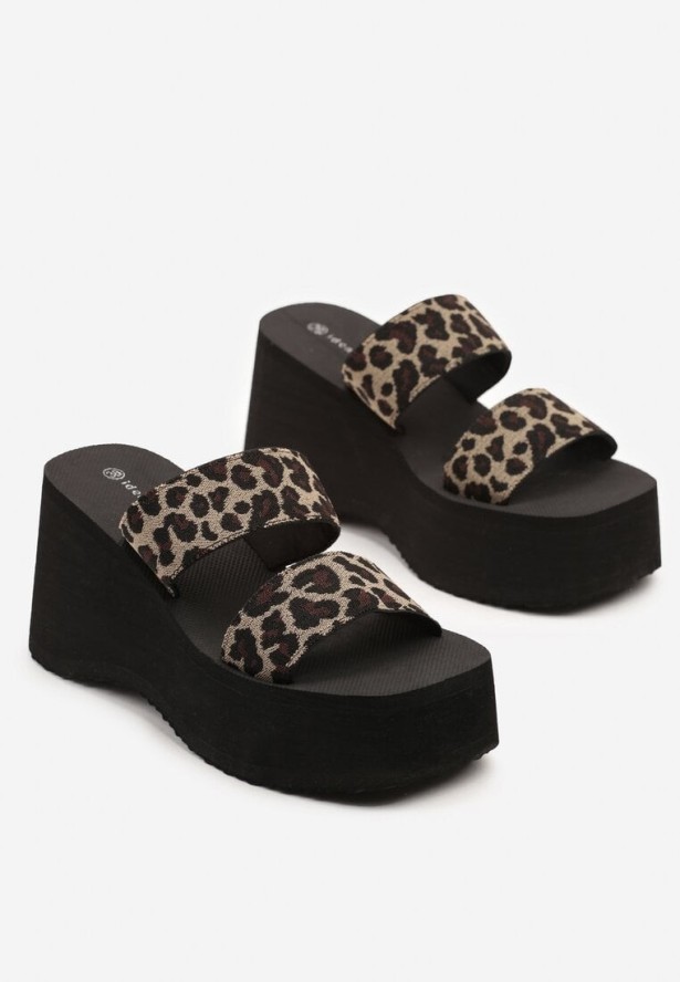 Panterkowe Basicowe Klapki na Koturnie Panilia