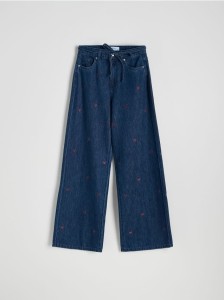 Jeansy wide leg z haftowanym wzorem - granatowy