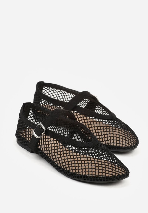 Czarne Siateczkowe Balerinki z Paskiem Appletwinkle