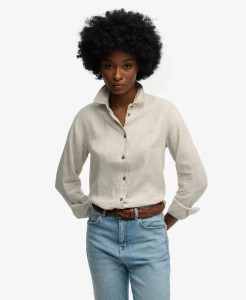 superdry Premium Lniana Koszula Boyfriend - 100% len – Light Stone Beige