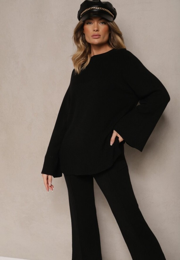 Czarny Dzianinowy Komplet z Wiskozą Sweter i Spodnie z Rozcięciami i Gumką w Pasie Malwizelle