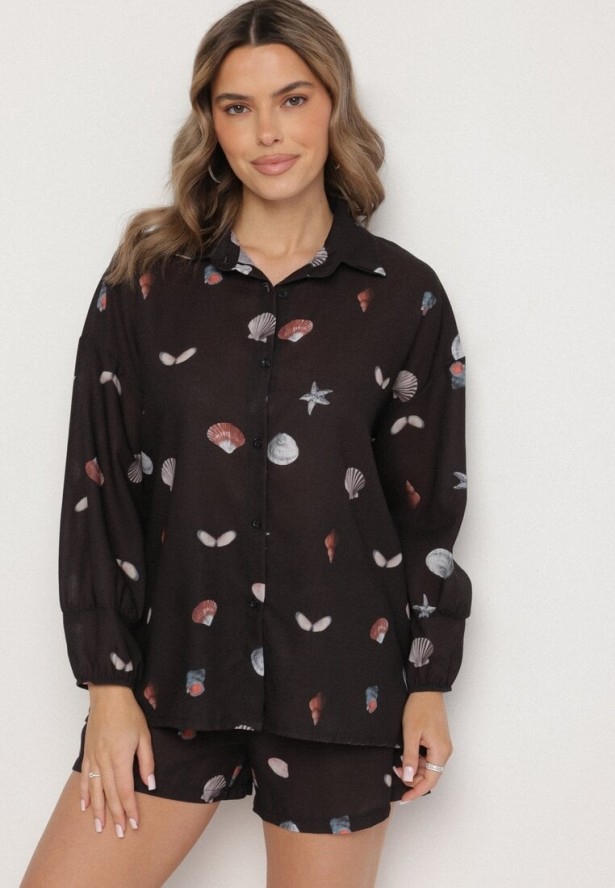 Czarny Komplet z Wiskozą Koszula i Szorty z Motywem Morskim Reivienne