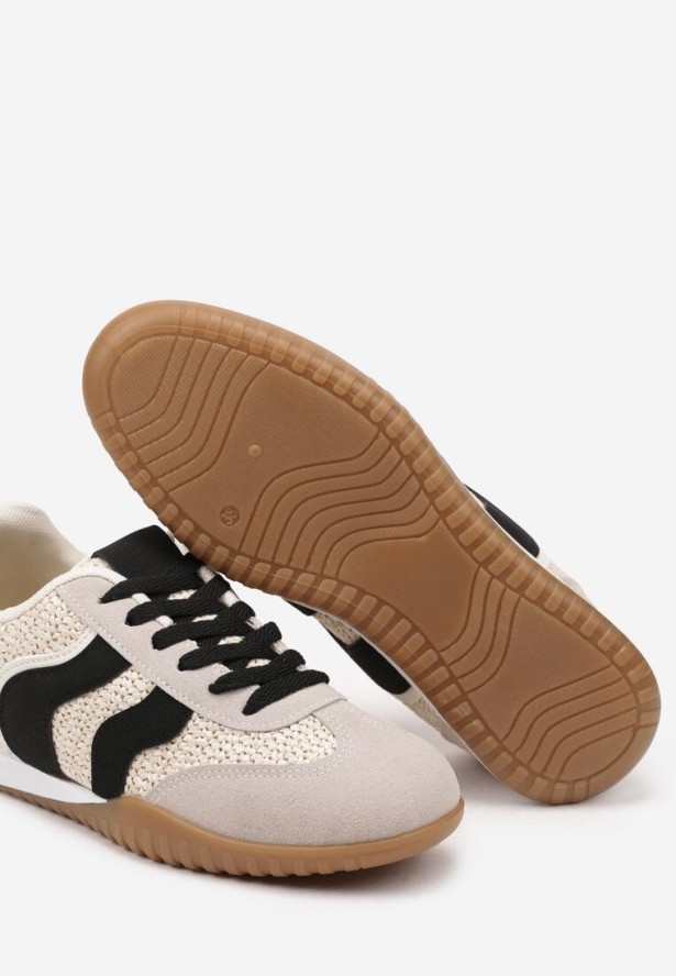 Beżowo-Czarne Sneakersy Ozdobione Plecionką z Rafii Wiloria