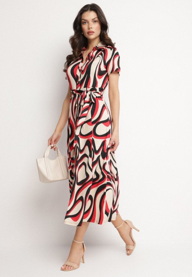 Czerwona Sukienka Koszulowa w Geometryczny Wzór z Paskiem Zimorae