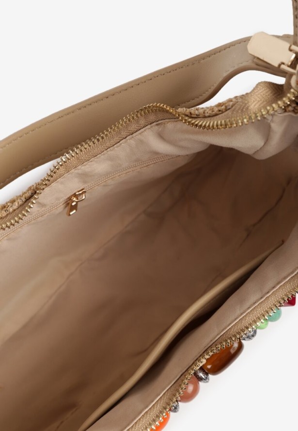 Beżowa Torebka w Stylu Bagietki z Ozdobnymi Koralikami Belinorie