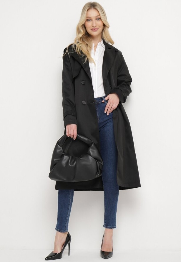 Czarny Długi Płaszcz Trencz o Klasycznym Fasonie z Paskiem Nasde