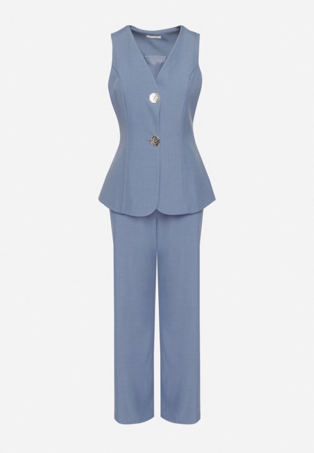 Niebieski Komplet w Stylu Garniturowym z Kamizelką i Klasycznymi Spodniami Ronthia