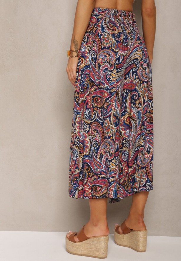 Granatowe Spodnie Culottes z Bawełnianej Tkaniny Ozdobione Wzorem Paisley Gwinamas