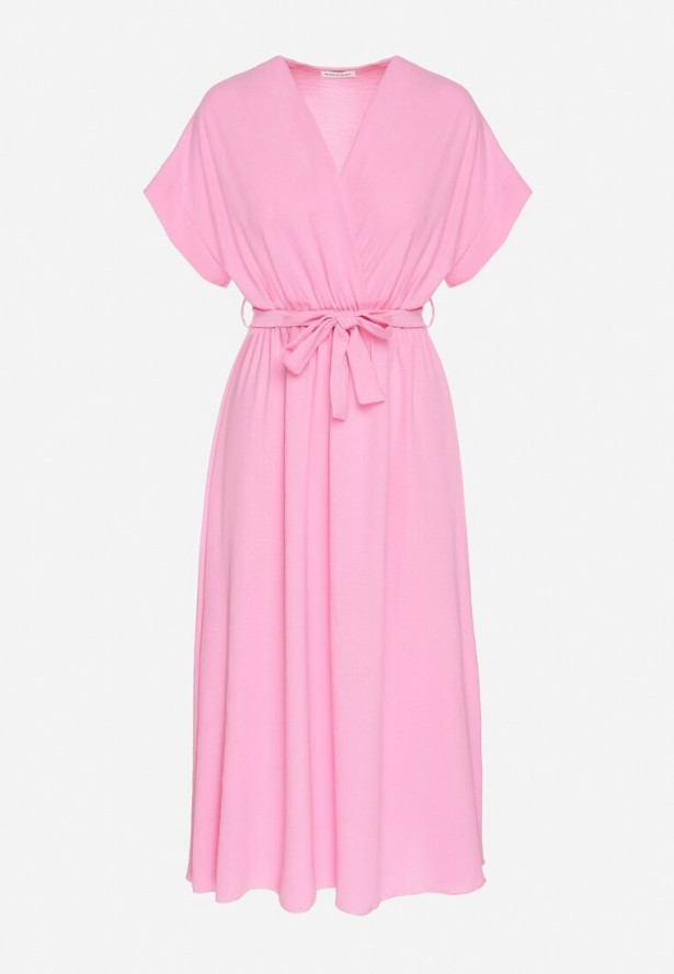 Różowa Sukienka o Rozkloszowanym Kroju z Wiązanym Paskiem Sepelina
