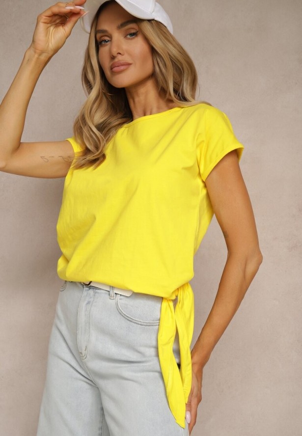 Żółty T-shirt z Bawełny z Ozdobnym Wiązaniem Termio