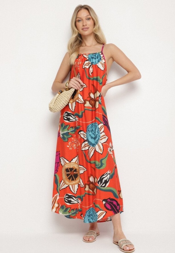 Czerwona Sukienka z Wiskozą i Lnem w Kwiaty Rinetia