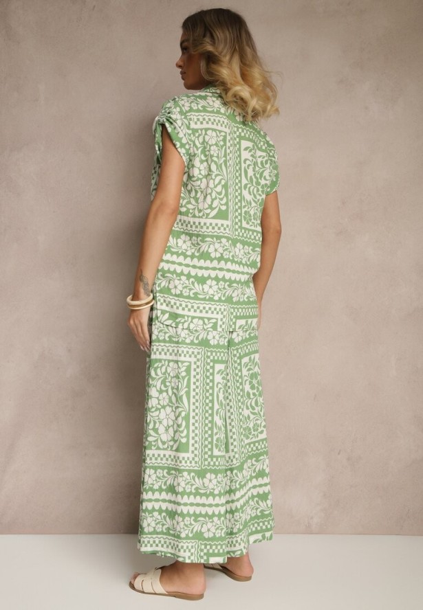 Jasnozielony Komplet z Wiskozą w Kwiatowy Wzór Koszula i Spodnie Sonelienna