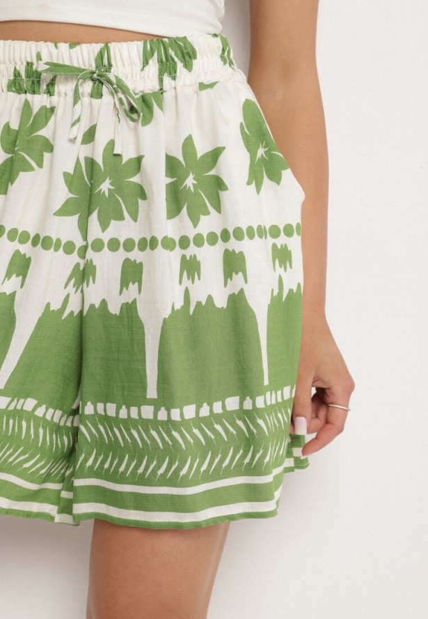 Biało-Zielone Wiskozowe Szorty w Abstrakcyjny Wzór Evintta