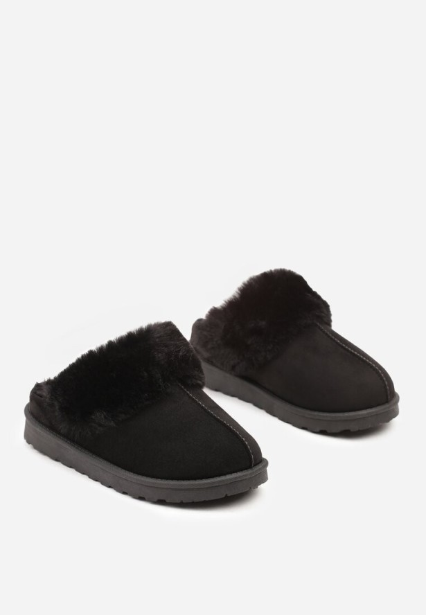 Czarne Wsuwane Kapcie z Imitacji Zamszu z Futrem Boreti