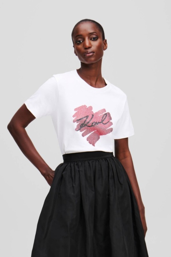 KARL LAGERFELD Biały damski t-shirt z cyrkoniami Hearts RS, Rozmiar S