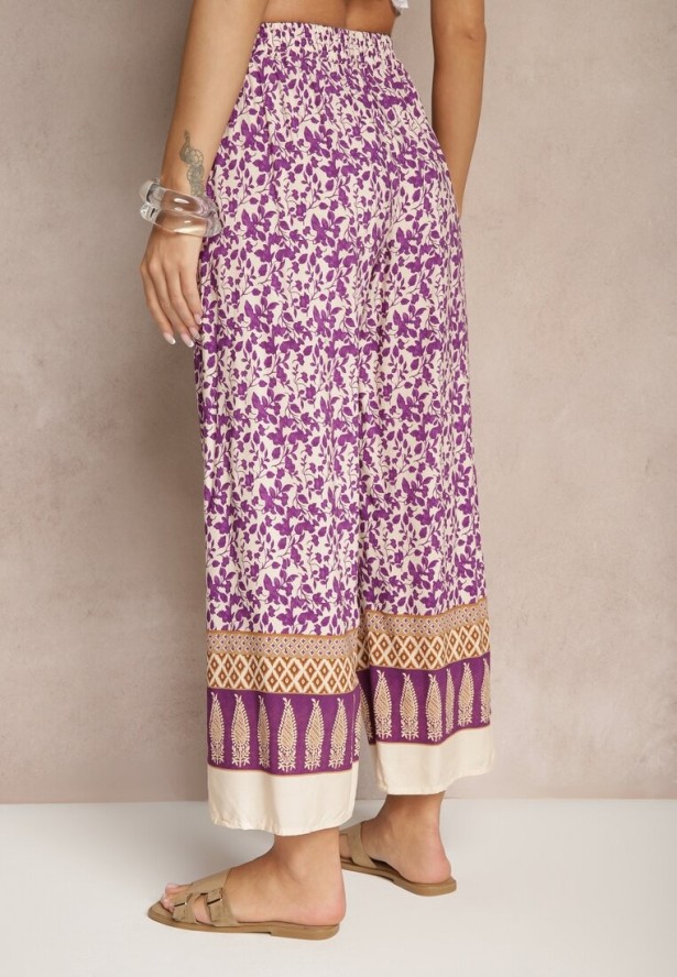 Fioletowe Spodnie z Bawełny High Waist z Abstrakcyjnym Wzorem Lisathiela