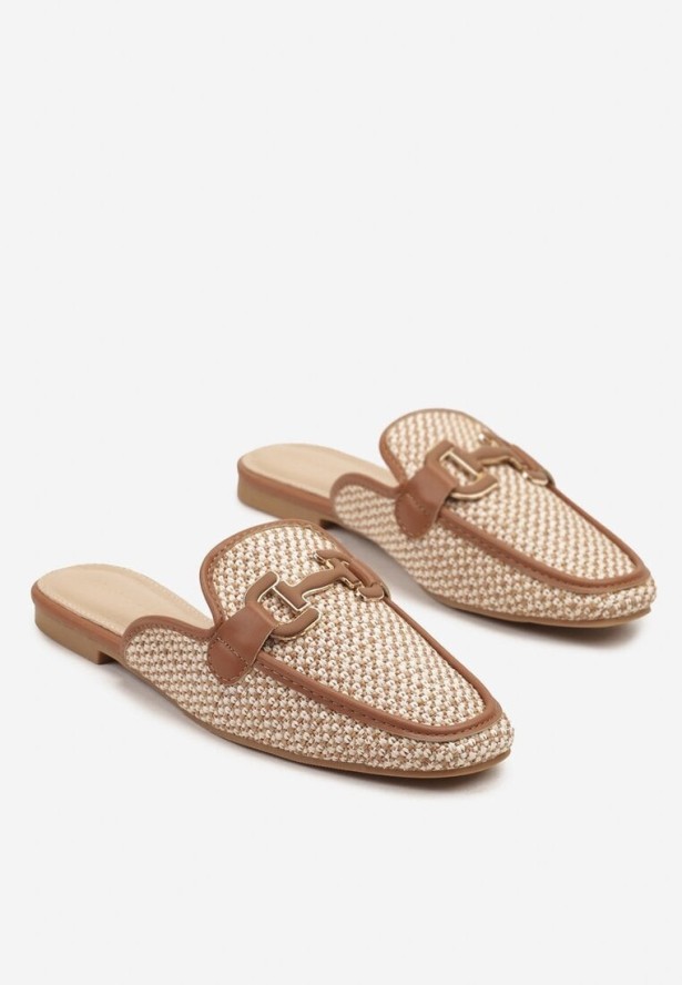 Brązowo-Beżowe Tweedowe Klapki Mule z Eleganckim Zdobieniem Sonarena
