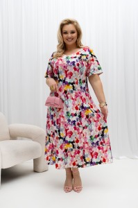 Lniana sukienka Lori z kolorowym akwarelowym motywem na wesele PLUS SIZE XXL OVERSIZE WIOSNA